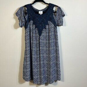 Knox Rose Embroidered Lace Blue White Floral Mini Cold Shoulder Dress Small